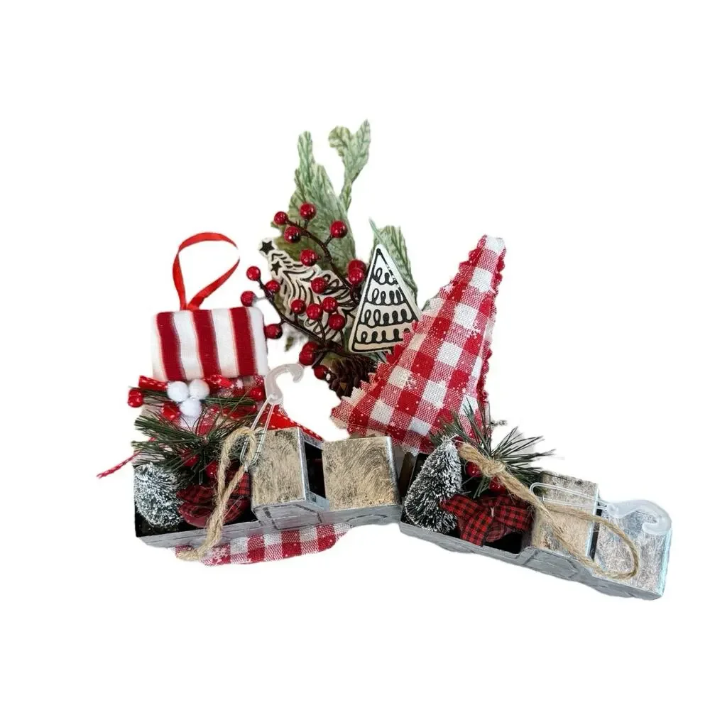 5- Rustic Christmas Ornaments 2 Metal Trucks 2‎ Red Plaid 1 Holly Pick Holiday